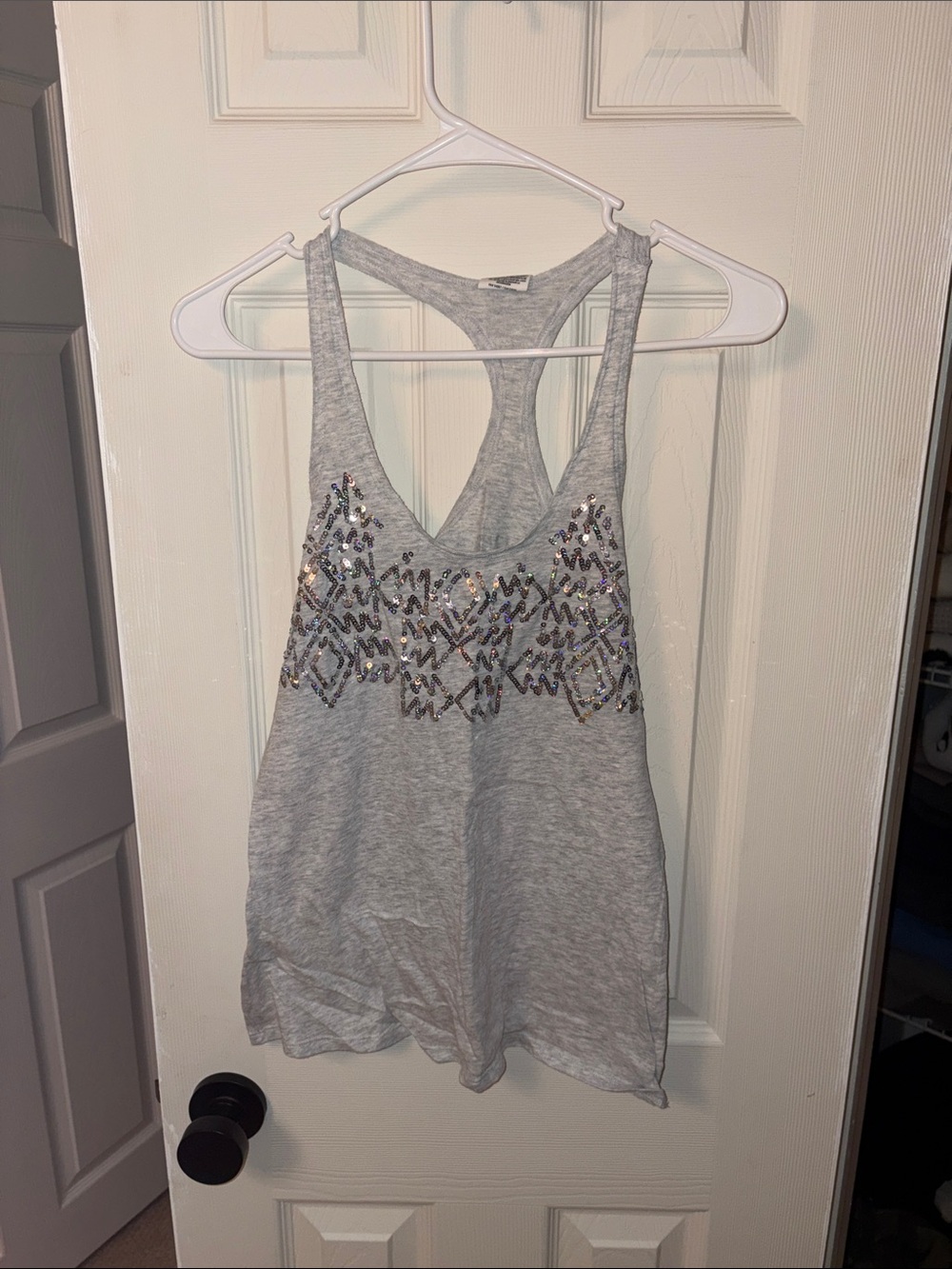 PINK Victoria's Secret Light Gray Racerback Tank with Sequin Geometric Detail